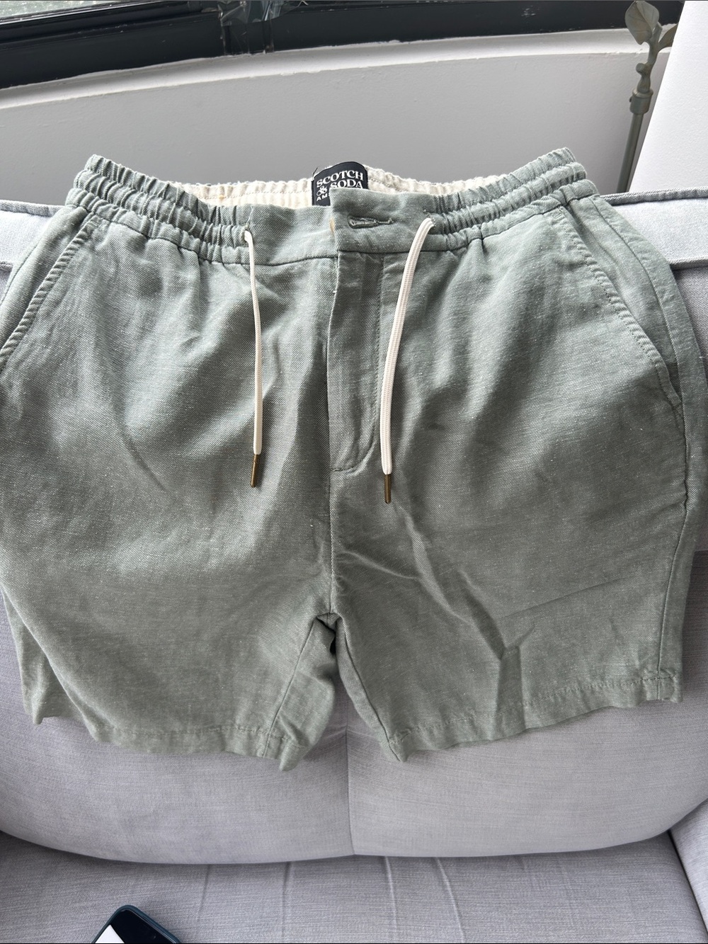 Scotch & Soda Sage Green Linen-Blend Drawstring Men's Shorts